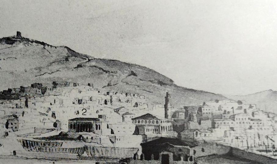 Άποψη της Ερμούπολης. W. Von Weiler, 1842. 1. Το Γυμνάσιο  2. Το Β΄ Δημοτικό Σχολείο.