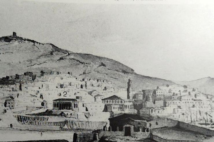 Άποψη της Ερμούπολης. W. Von Weiler, 1842. 1. Το Γυμνάσιο  2. Το Β΄ Δημοτικό Σχολείο.