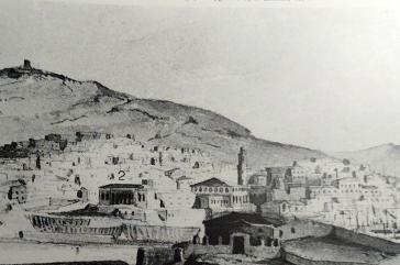Άποψη της Ερμούπολης. W. Von Weiler, 1842. 1. Το Γυμνάσιο  2. Το Β΄ Δημοτικό Σχολείο.