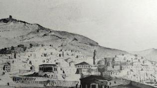 Άποψη της Ερμούπολης. W. Von Weiler, 1842. 1. Το Γυμνάσιο  2. Το Β΄ Δημοτικό Σχολείο.